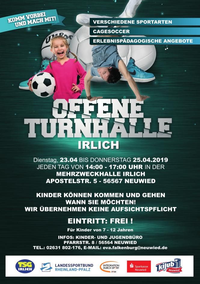 TSGIrlich's tweet photo. Von DI 23.04. bis DO 25.04.2019 sind in der #Mehrzweckhalle in #Irlich die Türen täglich von 14:00 bis 17:00 Uhr geöffnet.

Das @KiJubNeuwied zeigt, mit der @TSGIrlich, dem #LSB Rheinland Pfalz, @sportDland, der @sparkasse #Neuwied, wie viel Spaß Sport macht.

#hejaTSG https://t.co/fOf7qtmowM