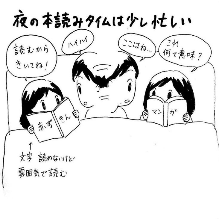 寝る前の読み聞かせは忙しい。長女7歳次女4歳の頃。 