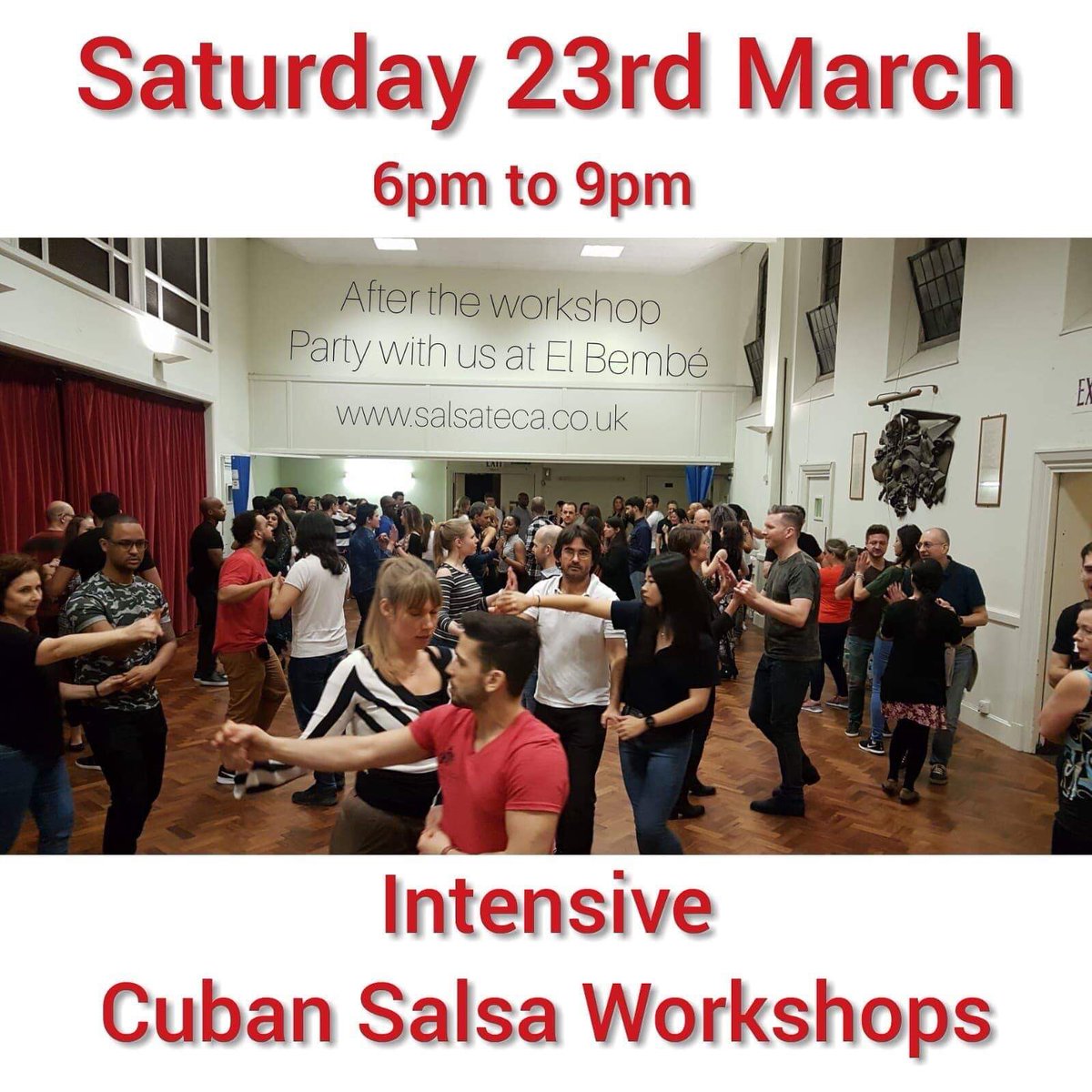 IF YOU ARE A CUBAN SALSA LOVER AND WANT TO LEARN OR IMPROVE YOUR DANCING SKILLS THEN JOIN US FOR 3 HOUR WORKSHOP THIS SATURDAY 23rd MARCH, FROM 6pm TO 9pm NEAR WATERLOO..!!
EVERYBODY IS WELCOME..!! 
salsateca.co.uk
