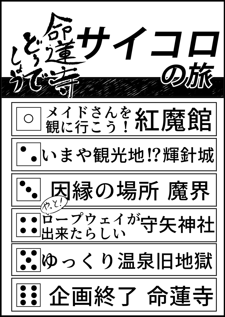 突如始まった旅企画「命蓮寺どうでしょう」
行先も告げられず拉致同然で連れて来られたナズと寅丸。
雲居Dと村紗Dに言われるがままに行うこの旅が地獄の旅とも知らずに、
二人はサイコロを振るのだった…! 