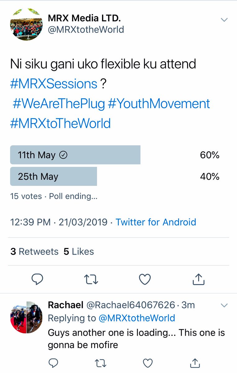 MwalimuRachel's tweet photo. My youth! WE ARE VOTING! Tell us which date works for you for the next #MRXSessions. Hii ndio the most IMPORTANT VOTE hata wacha ya 2020! 😒 

Click here https://t.co/Bm5wTMMLV5

@mrxtotheworld #WeAreThePlug #YouthMovement #YouthCulture #TellSomebodyToTellSomebody!!!!! https://t.co/DNkJ79ob2U