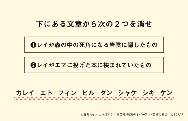 株式会社scrap على تويتر 約ネバ脱出 アニメ連動謎出題中 東京 札幌公演がスタート 全国で順次開催のリアル脱出ゲーム 偽りの楽園からの脱出 から謎を出題中 本日夜から放送の第11話 の問題はこちら 解答入力とヒントは T Co I4omqnjwiv
