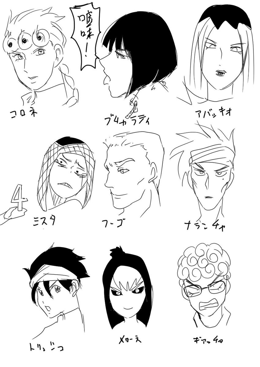 徐々4部5部ミリしら
キャラ名挙げて貰ってるから、関係無いキャラもいるかも
全く分からないキャラはニュアンスで描いてる 