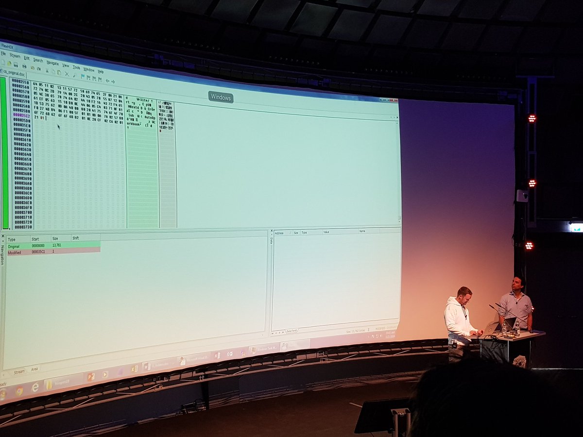 Einstais's tweet image. Amazing techniques to circumvent static (#olevba, #pcodedmp) and dynamic (#amsi) detection of #macros embedded in #office docs by Stan Hegt and Pieter Ceelen #TR19 #troopers19 - Thanks guys for the dirty tricks! ..Wow!!