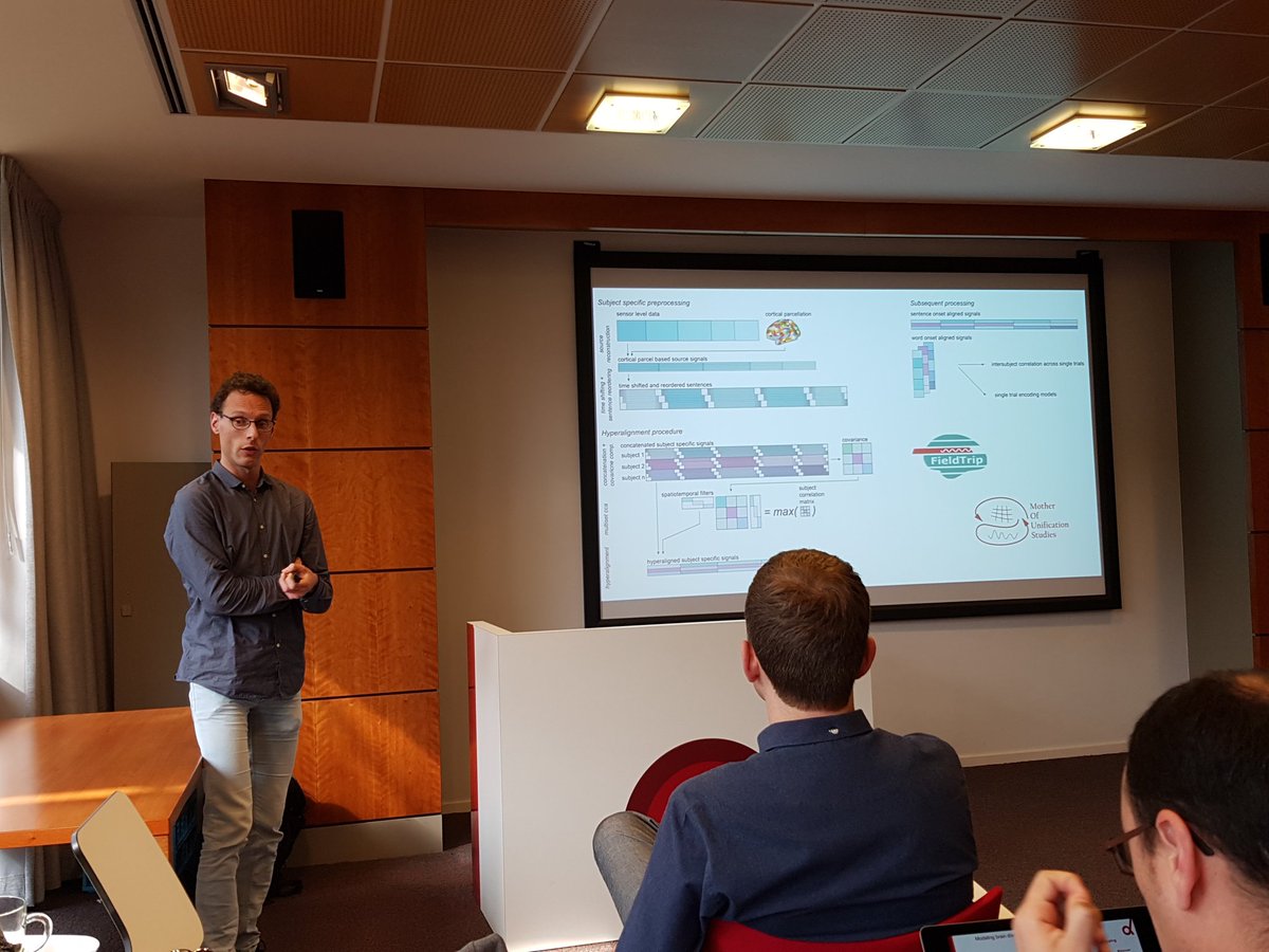 DondersSessions's tweet photo. Jan-Mathijs Schoffelen explains how averaging removes meaningful variance in neuroimaging data, and how hyperalignment is an alternative way of abstracting consistencies across subjects. #MethodsMarket https://t.co/pqEk8hjxku