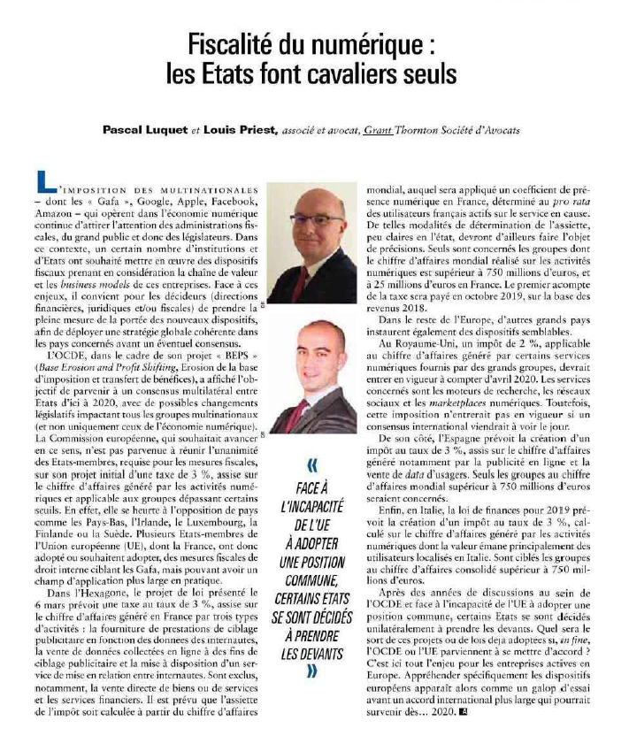 loicdjaff's tweet photo. Fiscalité du numérique : "face à l'incapacité de l'UE à adopter une position commune, certains états se sont décidés à prendre les devants" @GrantThorntonFr via @AgefiFrance https://t.co/ifi6V0wIMh https://t.co/5UIOzBXdjW