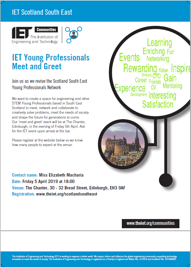 IETScotlandSEYP's tweet photo. The moment you've been waiting for has arrived 🙂

Join us from 18:00 on Friday 5th April 2019 at The Chanter, Edinburgh!

Kindly register at  https://t.co/cqgGmPbUAh 

We can't wait to meet you all and shape the future! #IET #YoungProfessionals #STEM #engineering #technology https://t.co/WwOfJlIhlA