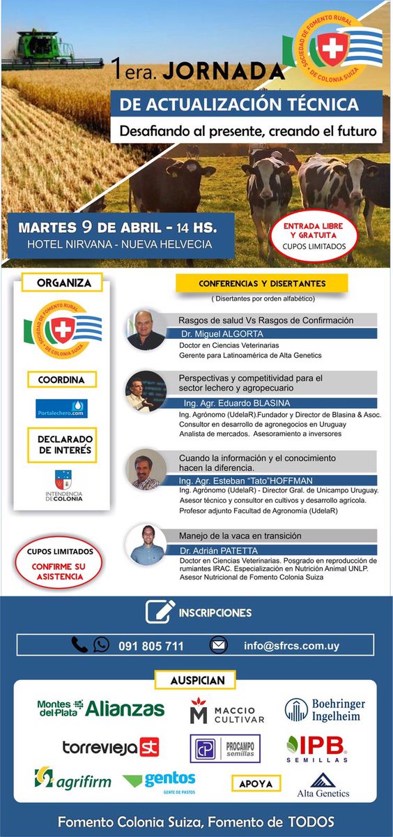 fomentocolsuiza's tweet photo. 1era. JORNADA De ACTUALIZACIÓN TÉCNICA
Desafiando al presente, creando el futuro
Disertantes de primerisimo nivel Temas de actualidad, y una mirada optimista al futuro
Fomento Colonia Suiza
Fomento de TODOS
@GonzalvezDe @antonellahugo @agro_rm @JOHNVETE @CAFUruguay @Portalechero https://t.co/QjX1pOwrXT