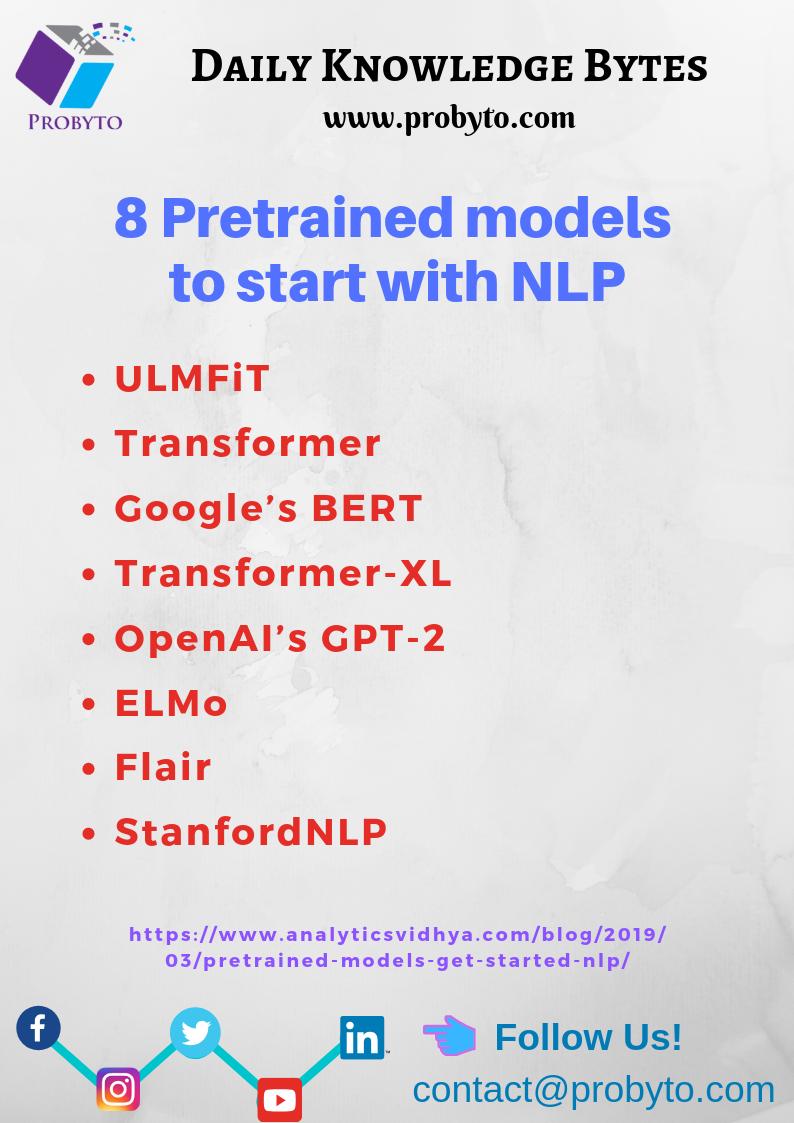 probyto's tweet image. Probyto&apos;s Daily Knowledge Bytes - 025

8 Pretrained models to start with NLP!

#NLP #pretrainedmodels #deeplearning #python #Probyto

Source: analyticsvidhya.com/blog/2019/03/p…

Follow us:
LinkedIn: linkedin.com/in/probyto-dat…
Instagram: instagram.com/probyto/
Facebook: facebook.com/brand.probyto