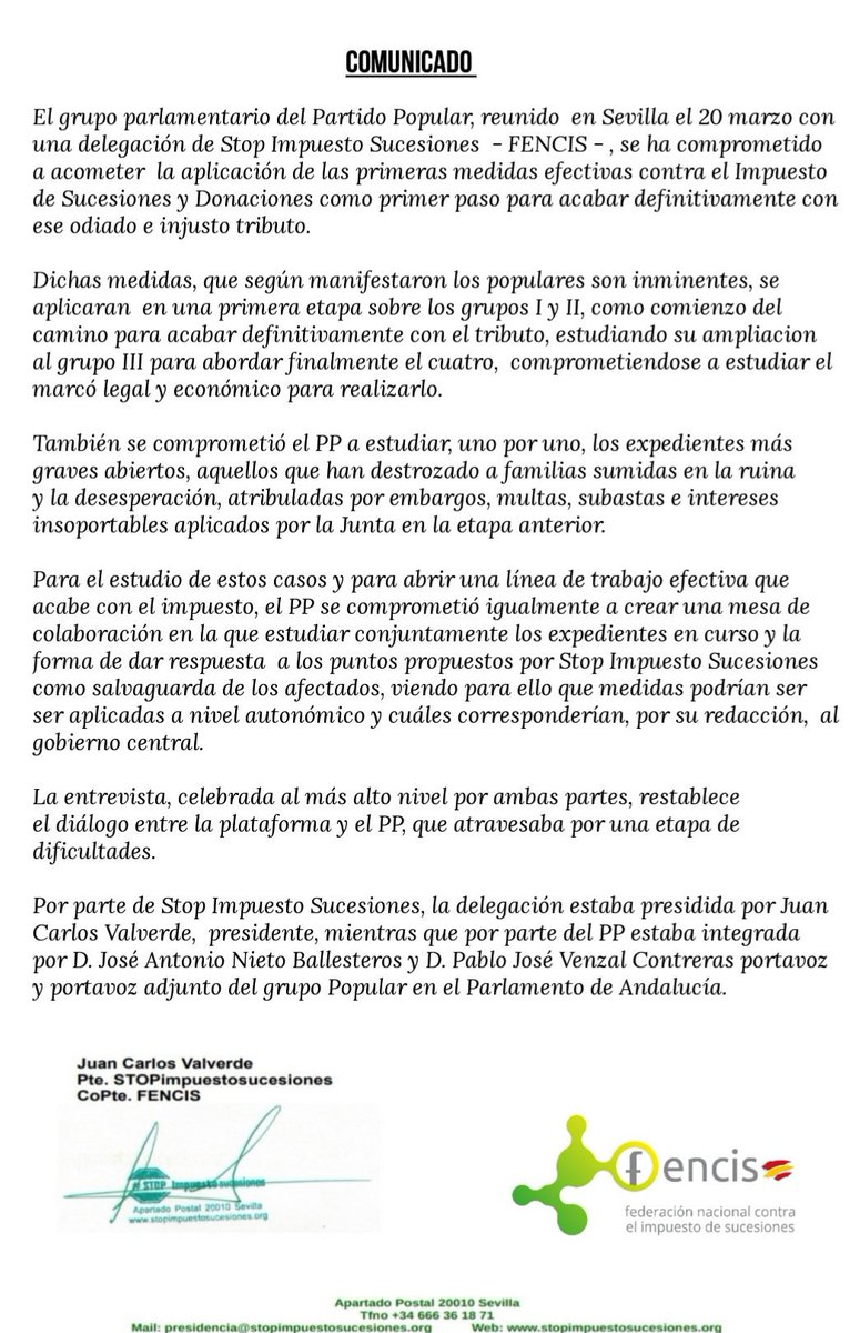 impuestosucesio's tweet photo. COMUNICADO DE ##STOPimpuestosucesiones tras la reunión mantenida el día 20 de Marzo con @ppandaluz

#STOPimpuestosucesiones https://t.co/5nOa4Mrpqy
