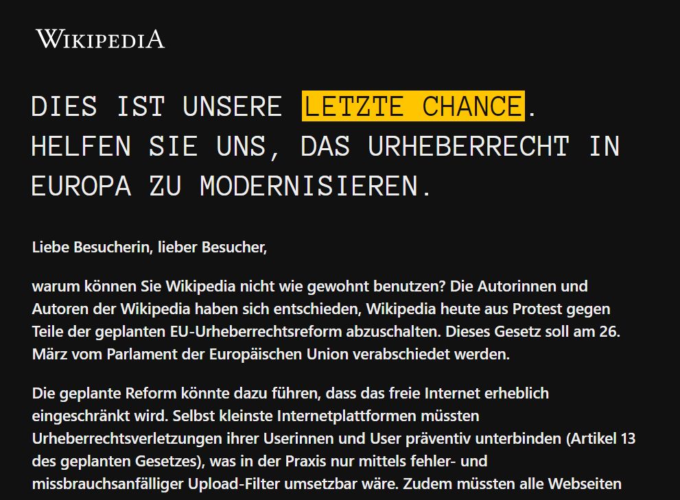 sosicles's tweet photo. Nein, @Wikipedia ist nicht kaputt. Aber es warnt heute vor den Gefahren der EU-Urheberrechtsreform. 
Und mit dem #LSR ist ja die Schweiz in diesem Bereich auch nicht wirklich viel besser unterwegs.
https://t.co/JLy3Yxh5cs https://t.co/bYYQz0YgZq