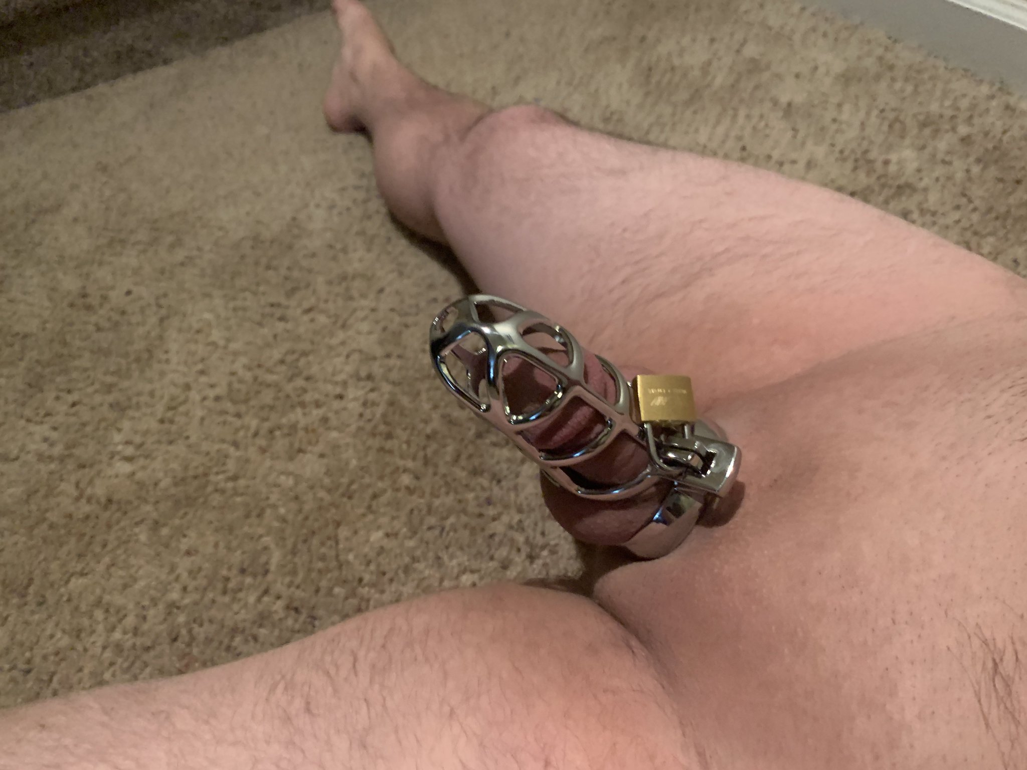 2 pic. New Metal Male Chastity lock.... It definitely does the job #Femdom #NSFW #SubmissiveMale #nakedmales