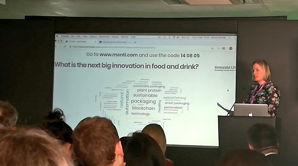 robyn_lockyer's tweet photo. What is the next big innovation in food and drink? #sustainable #packaging #plantprotein #blockchain Live audience word cloud from @innovateuk Food Industry Innovation 2019. https://t.co/1tOm7Lwer1