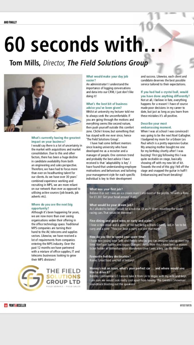 Check out the recent article in the national magazine <a href="/PrintITReseller/">PRINT.IT Reseller</a> featuring our MD Tom Mills. Tom is talking all things MPS and sharing some personal embarrassing stories! Have a read and follow <a href="/FSGrecruit/">The Field Solutions Group</a>!