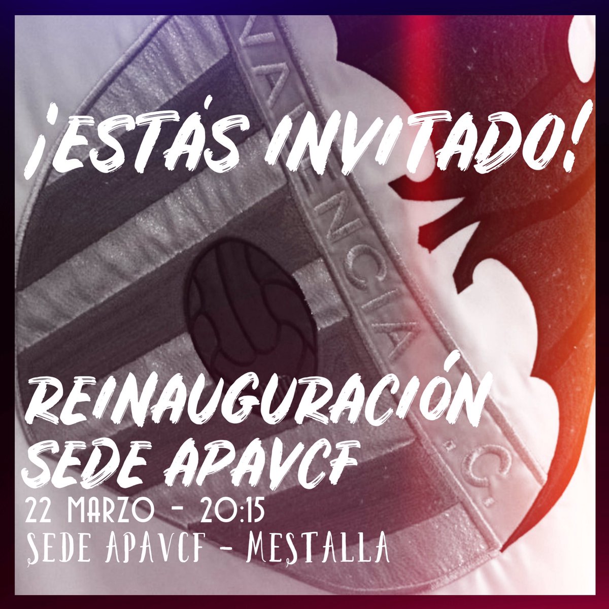 apavcfMEDIA's tweet photo. ✨REINAUGURACIÓN #sedeAPAVCF✨
Este viernes, 22 de marzo, a las 20:15 horas, tendrá lugar la reinauguración de la #sedeAPAVCF, situada en #Mestalla
Con motivo del #VCFcentenario, pretendemos que la #sedeAPAVCF sea historia viva del valencianismo y que se pueda visitar por todos https://t.co/obhOJWc6tc