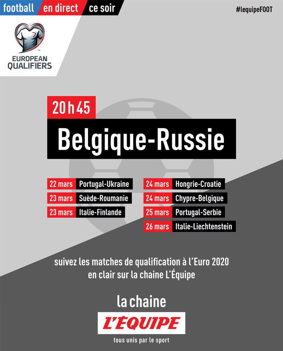 lachainelequipe's tweet image. 🇧🇪⚽🇷🇺 Les qualifications pour l'Euro 2020 débutent ce jeudi soir sur la chaine L'Équipe avec l'affiche Belgique-Russie ! #lequipeFOOT #Euro2020