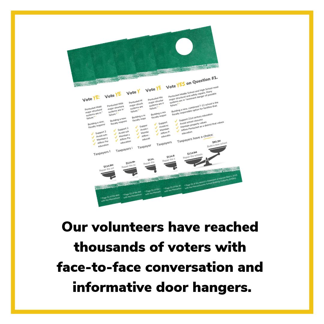 WeArePentucket's tweet photo. A huge thank you to our amazing volunteers walking door-to-door every weekend to speak with voters. And an even bigger thank you to residents in all three towns who have engaged in discussions about the project and asked great questions. 

#wearepentucket #3towns2schools1future https://t.co/772vWiJO6B