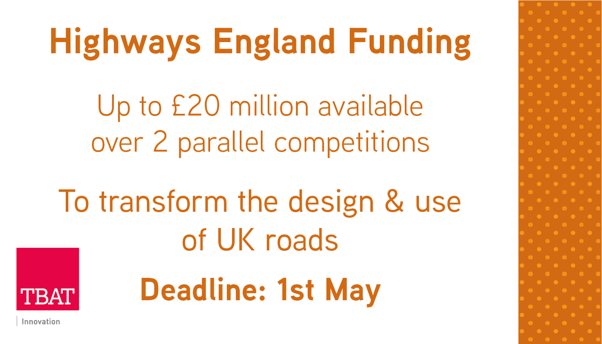 TBATinnovation's tweet photo. Funding available to transform the way UK roads are designed and used from @HighwaysEngland & @innovateuk. Competition details are available here - https://t.co/OUnxEL8yw6 #Funding #Innovation #design #construction #maintenance #energy #customermobility #CAV #airquality #SBRI https://t.co/RAitRqYgdN