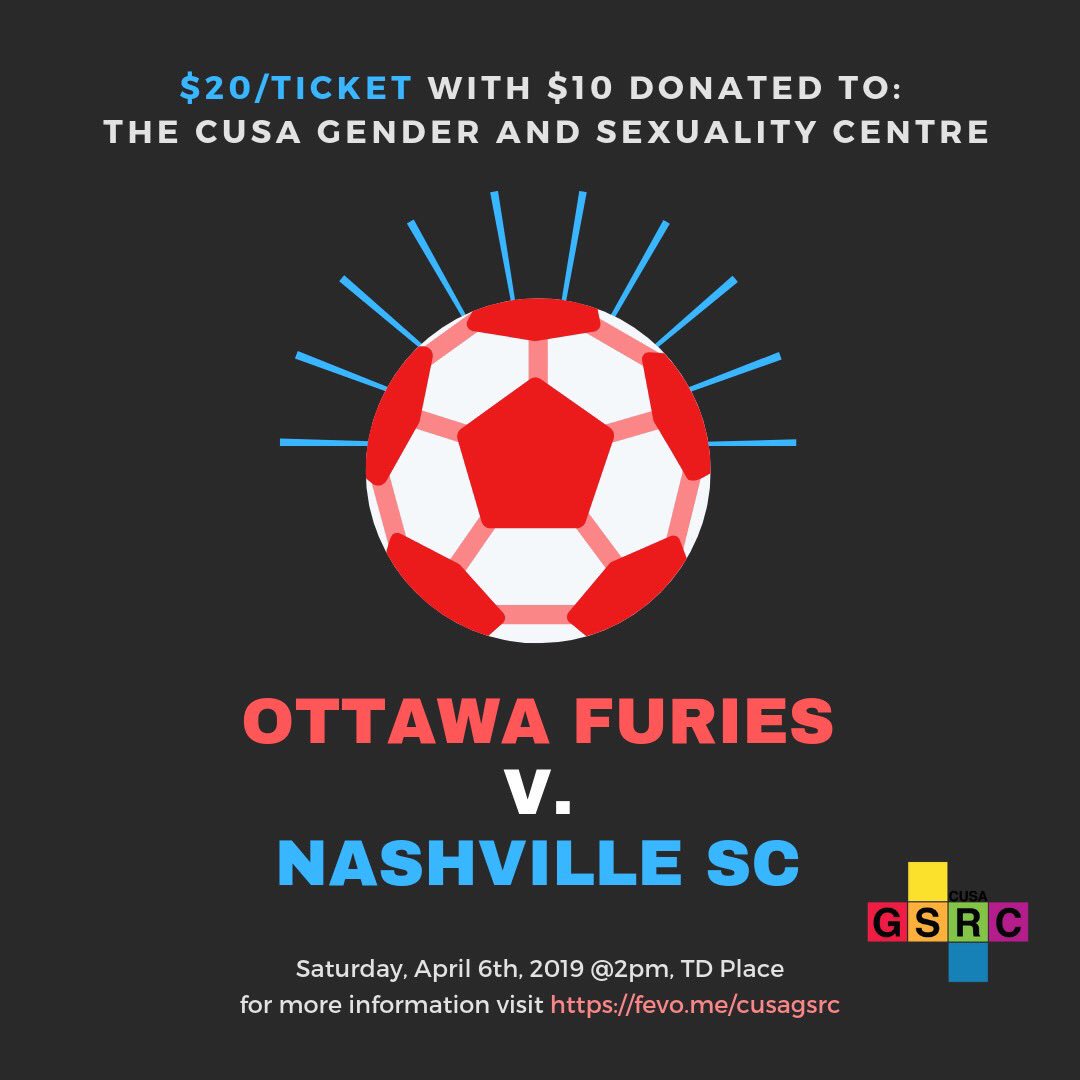 cusagsrc's tweet image. Come out to the Ottawa Furies versus Nashville SC on April 6th at 2:00pm. With each ticket purchase of $20, $10 will be donated to the GSRC. Follow the link fevo.me/cusagsrc for more information and to buy your ticket today! ⚽️ 
[image description] red and blue soccer ball