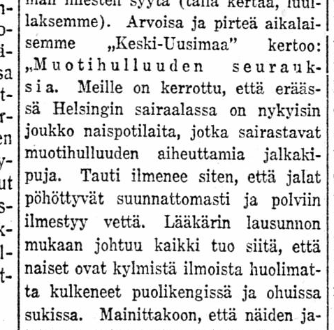 SamuNystrom's tweet photo. Helsinkiläisnaisia joutunut sairaalaan muotihulluuden seurauksena: olivat kulkeneet #nilkatpaljaana kevyissä kengissä ja sukissa. Hesarissa naureskeltiin uutisen olevan "neitseellisten ja moraalisesti ankarien" maalaislehtien juoruja. HS 17.3.1925 #ikuisuuskysymyksiä #nilkat https://t.co/RhTZQEWRus