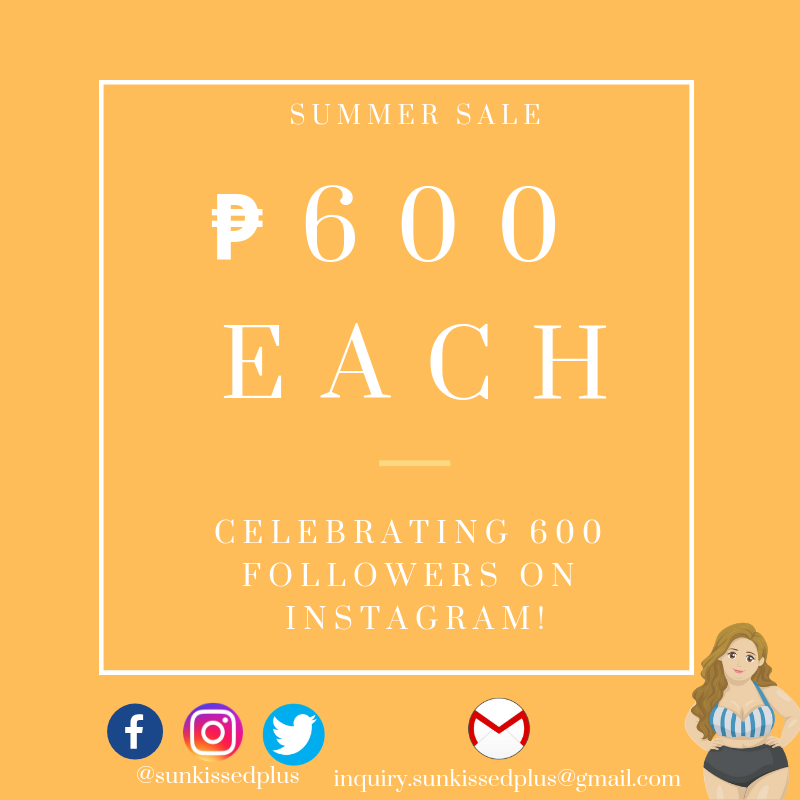 SunkissedPlus's tweet photo. SUMMER SALE! We are selling these items for 600 pesos each to celebrate our 600 followers on Instagram! :) All items are in LARGE size only. To order, please send us a private message. https://t.co/sZNh7LfDrn