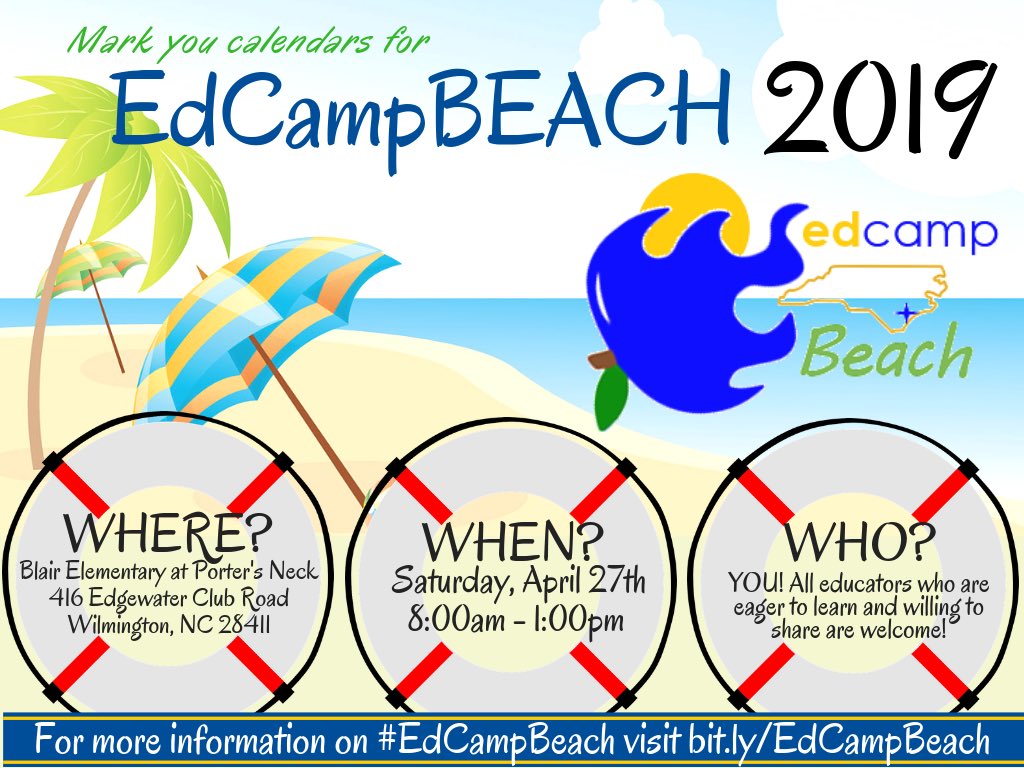 #NHCSChat who’s planning on coming to #edcampbeach on April 27th at @BlairElem ? Retweet and tag who you are going to bring! Register here -> eventbrite.com/e/edcamp-beach…  #Nhcschat #edcamp #NCCAT #ncadmin #sced #nctlchat @NewHanoverCoSch