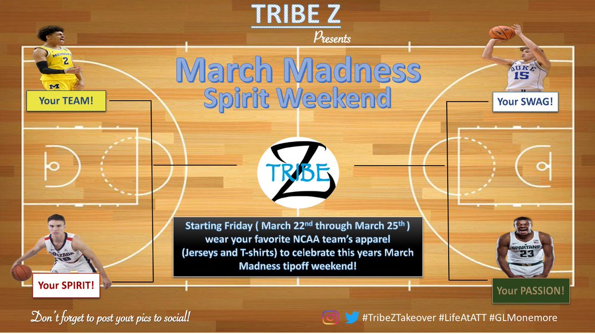 Jason_Ziemba's tweet photo. Another #TribeZTakeover spirit weekend! Wear your favorite NCAA team gear to celebrate the #MarchMadness kickoff! #engagement #LifeAtAtt #POWERcentral #GLMonemore https://t.co/Zne2vGai7V