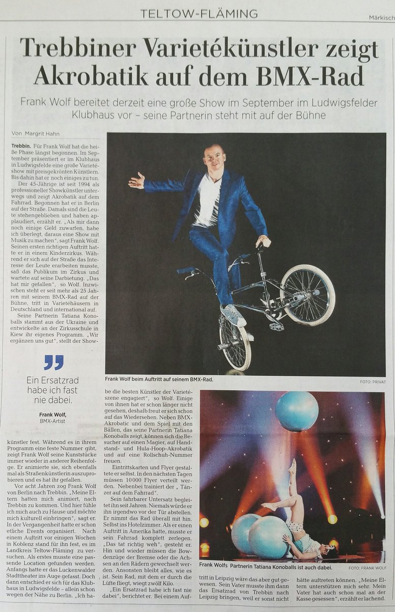 TELTOWFLAEMING1's tweet photo. Teltow Fläming Show 2019 - Heute in der Märkischen Allgemeine und am 7.9. + 8.9.2019 live on Stage in Ludwigsfelde - Danke @MAZ_online - Infos zur Show: https://t.co/q75Tj5JiG5 #TeltowFlämingShow #TeltowFläming #Fläming #Ludwigsfelde #MAZonline #MAZ #Varieté #Show #Brandenburg https://t.co/mzKIffIEmf