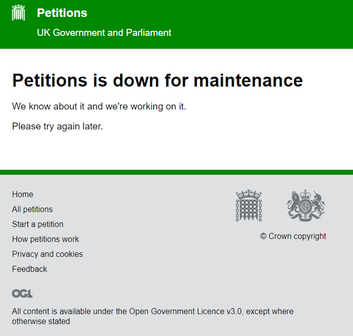 The petition to "Revoke Article 50" keeps crashing due to too many people trying to sign it at once. I don't know about you but I'm starting to think this whole thing might be a shambles...
petition.parliament.uk/petitions/2415…
#WillOfThePeople #RevokeArticle50