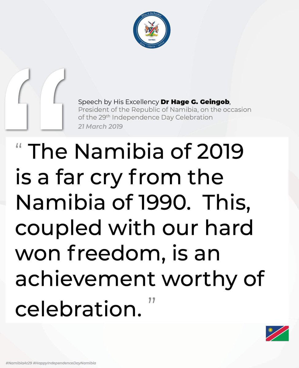 NamPresidency's tweet photo. President @hagegeingob: To the very few who say that βThere is nothing to celebrate, I say, Yes there is alot to celebrate. #NamibiaAt29 https://t.co/sx58efhiYC