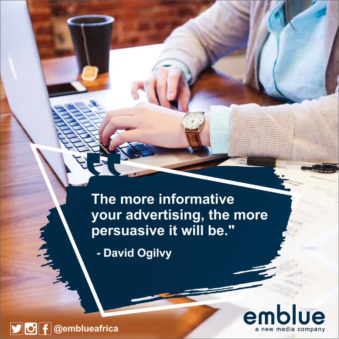 EmblueAfrica's tweet photo. Your advertising should always be informative enough to persuade and win the hearts of your audience.
#embluenigeria #emblue #emblueafrica #newmedia #newmediacompany #advertisements #digitalmarketingstats #thursdaythoughts https://t.co/kgtHHe7sJl