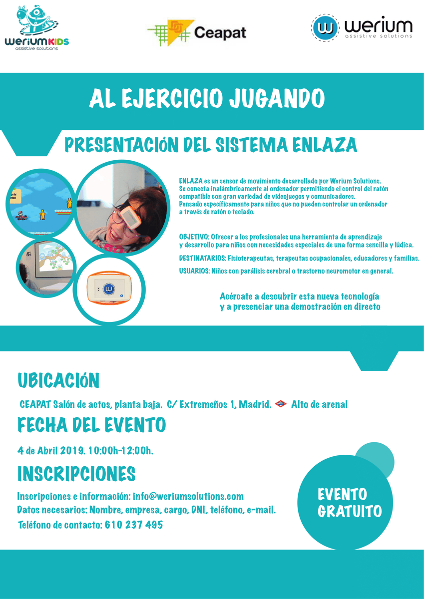 WeriumSolutions's tweet photo. No te quedes sin plaza!! El próximo 4 de Abril nos veremos en @Ceapat con grandísimos profesionales, con interesantes ponencias y demostraciones de las #últimastecnologías destinadas a niños con #necesidadesespeciales. Escríbenos para reservar tu plaza a info@weriumsolutions.com https://t.co/B7UcTDrzPV