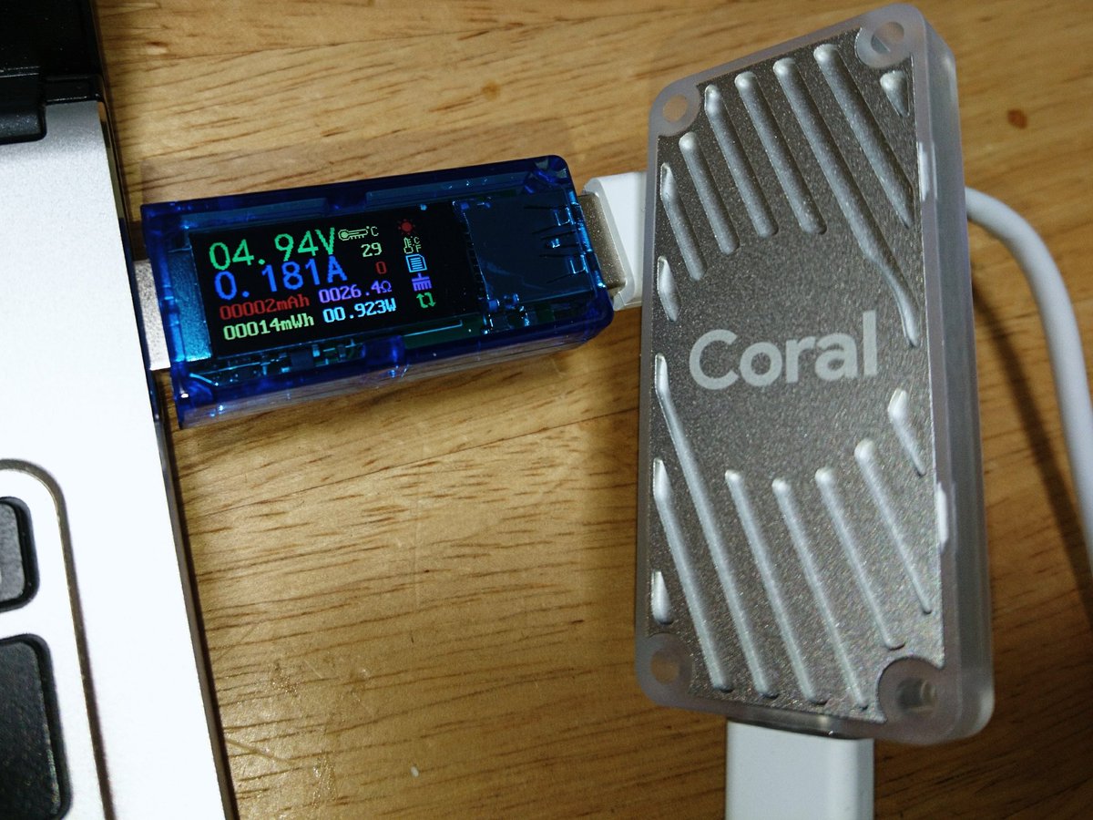 Edge TPUを買ってみた。Qittaの記事にあったMobileNet-SSDで実行しても0.9Wしかいってない。こりゃ凄いわ