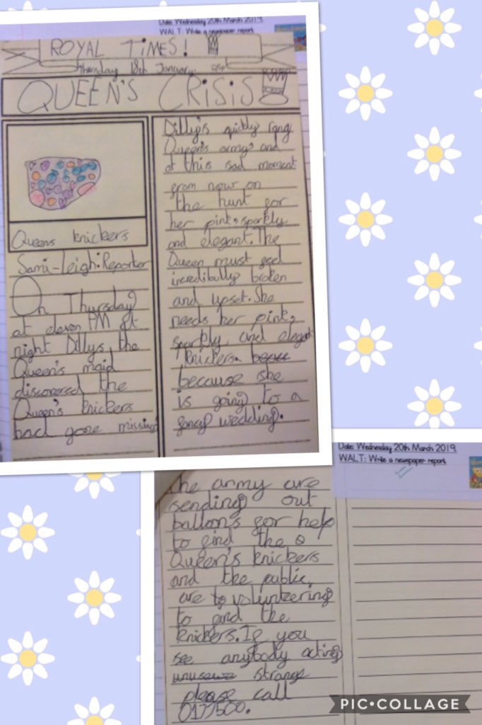 HuptonMiss's tweet photo. Did you know the Queen has lost her knickers?! Year 2 have written some fabulous newspaper reports all about the disaster!! https://t.co/dg3MNgN0h7