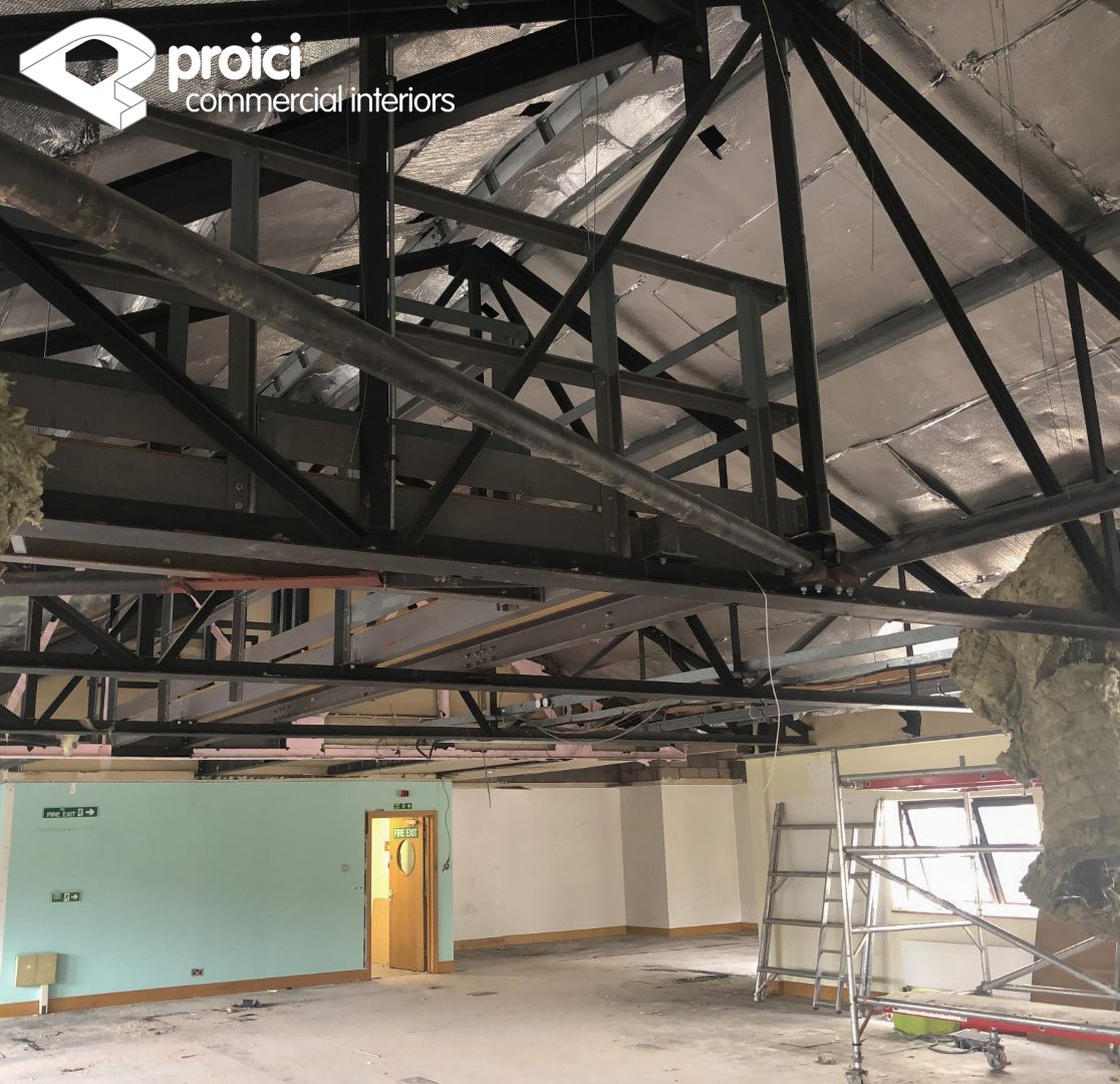 Proici's tweet photo. Suspended ceiling removed to reveal #roof #steelwork on 4 floor #officefitout. This space will become an #agile working area. Allowing focused, collaborative and individual work environments.
#OfficeDesign #AgileWorking #Collaboration #NottsDesign https://t.co/50tfxATyXS