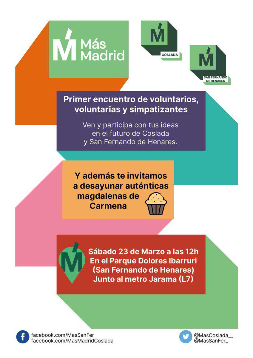 MasCoslada__'s tweet photo. ¡Nuestra primera cita ha llegado!

Este sábado 23 las 12h  el parque Dolores Ibarruri, y esperamos poder compartir con vosotras y vosotros la mañana, y unas magdalenas, ;)

Estaremos con @Monica_Garcia_G, @CatiRodriguezSF @susi_jaime y @Fern__Romero 

¡Nos vemos el sábado! https://t.co/2HdCWfTX12