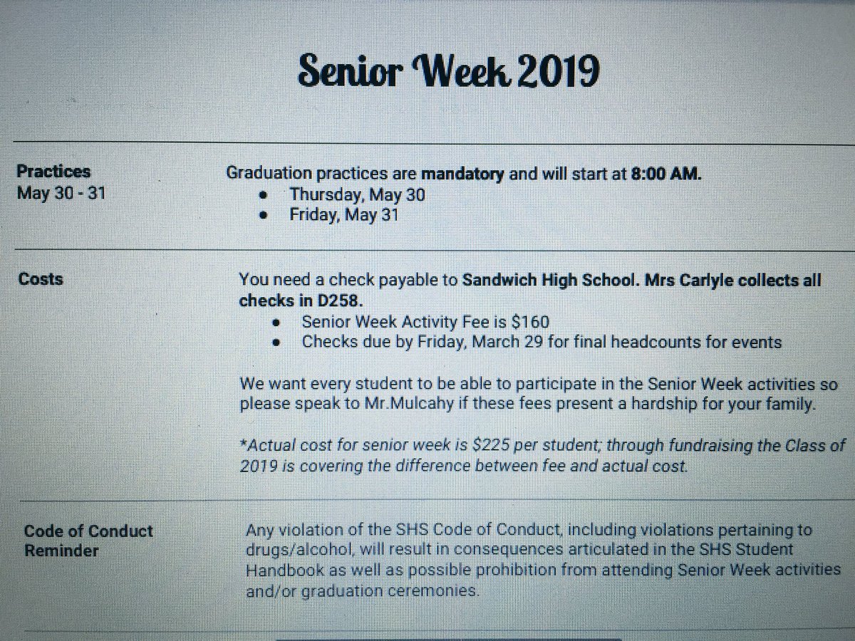 SHSclassof2k19's tweet photo. Attention seniors: Senior Week fees are due NEXT FRIDAY (3/29) to Mrs. Carlyle.  More info will be passed out in homerooms @SHSBlueKnights https://t.co/1i4EsR5STQ