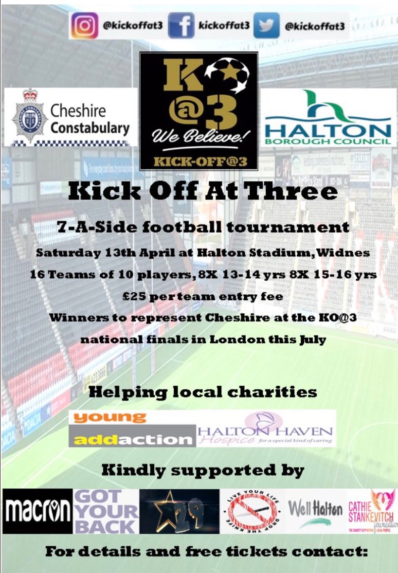 CreweSouthPol's tweet photo. This April 160 kids aged 13-16 from all 8 of @cheshirepolice areas will play in @KickOffAt3 at the #HaltonStadium raising money for @haltonhaven & @HaltYoung
@CreweSouthPol and @PoliceSandbach have joined forces to provide two #CreweLPU teams for the tournament!
π β½
#OneTeam https://t.co/ZSQBvRbnZp