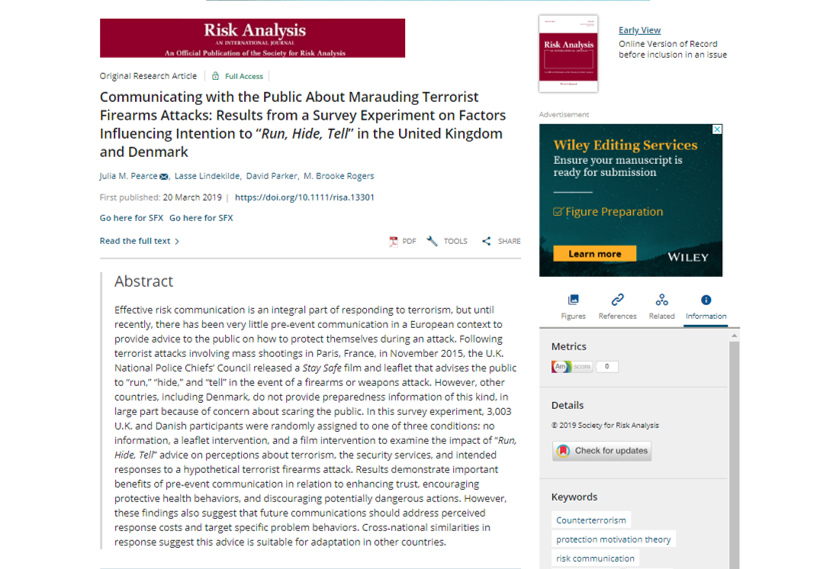 drjuliapearce's tweet photo. Please see https://t.co/7oBZtBTS0k for our new paper on impact of #runhidetell advice on public responses to marauding terrorist firearms attacks @DrBrookeRogers @Dr_DavidParker @Prime_FP7 https://t.co/Wchl1enIjO