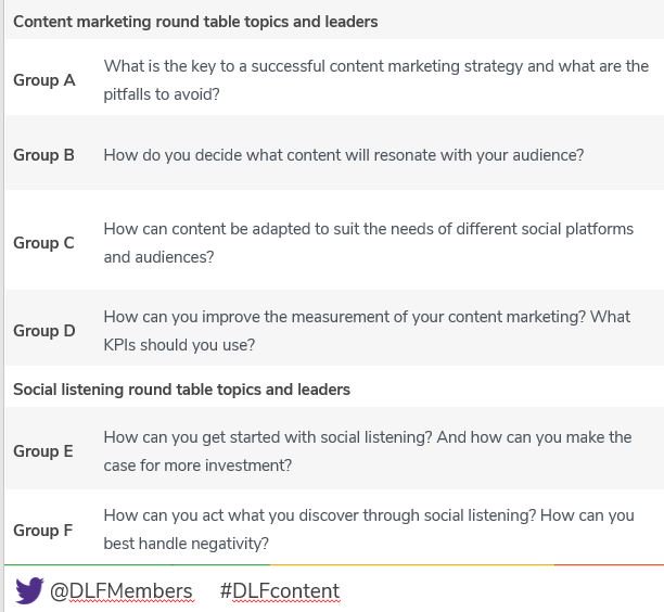 DLFmembers's tweet photo. Time to organise our ever-popular round tables. Thanks to all the group leaders. Here's the topics to choose from π
@brunagil @CliveAndrews @dannydenhard @adriancockle #DLFcontent https://t.co/0JnLxqmr6a
