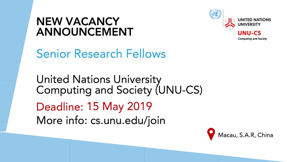 UNUMACAU's tweet photo. We are currently recruiting Senior Research Fellows. 
Deadline 15 May 2019. Apply now! #jobs #ICT 
https://t.co/3VeTmeqTnD https://t.co/boOLypLljO