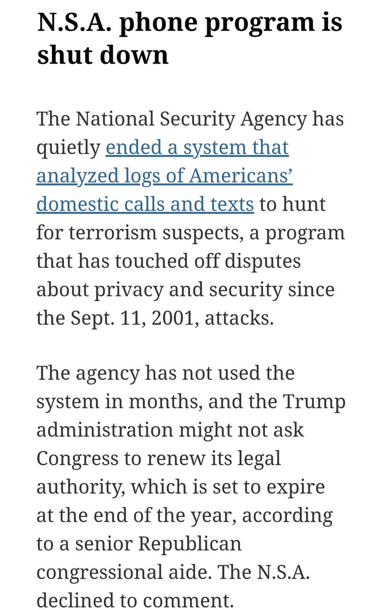 Technificent989's tweet photo. For #privacy enthusiasts, this is a big win. The program never produced the results it promised and was a major privacy nightmare for the average citizen. In the age of mega data breaches, it's a good thing it was never compromised #infosec #cybersecurity #technology https://t.co/xs0m08Aw5L