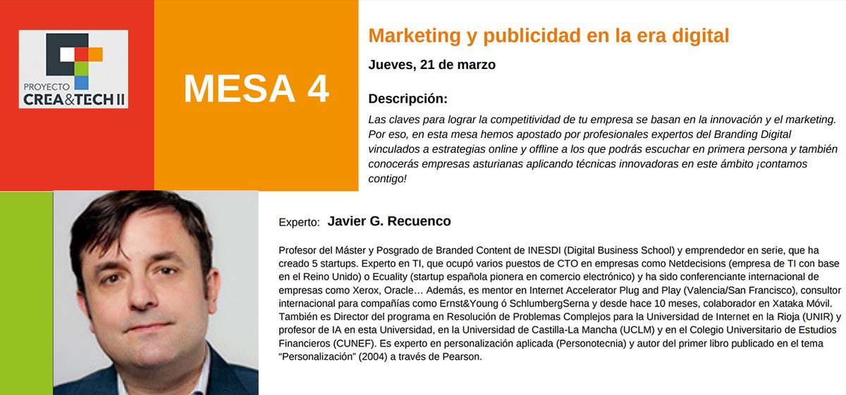 Continuamos en el #CEEIAsturias con el experto Javier G. @Recuenco en la Mesa Creativa: ”Marketing y publicidad en la era digital” del Programa Crea&Tech II. ℹ️👉 ceei.es/agendaficha.as…