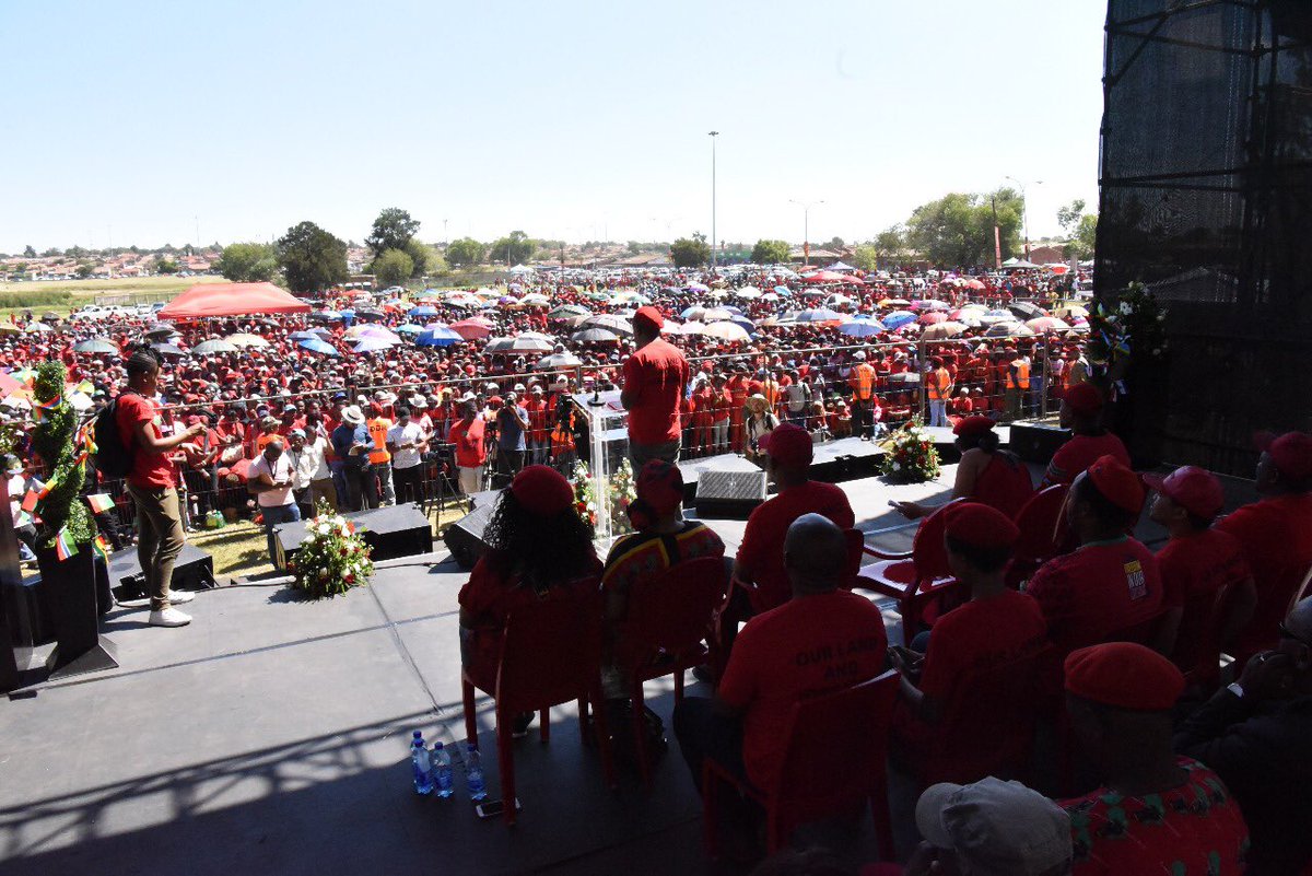 EFF celebrating #SharpevilleDay this afternoon at Dlomo Dam. CIC @Julius_S_Malema now giving the keynote address. #OurLandAndJobsNow. A vote for EFF is a vote for the land.