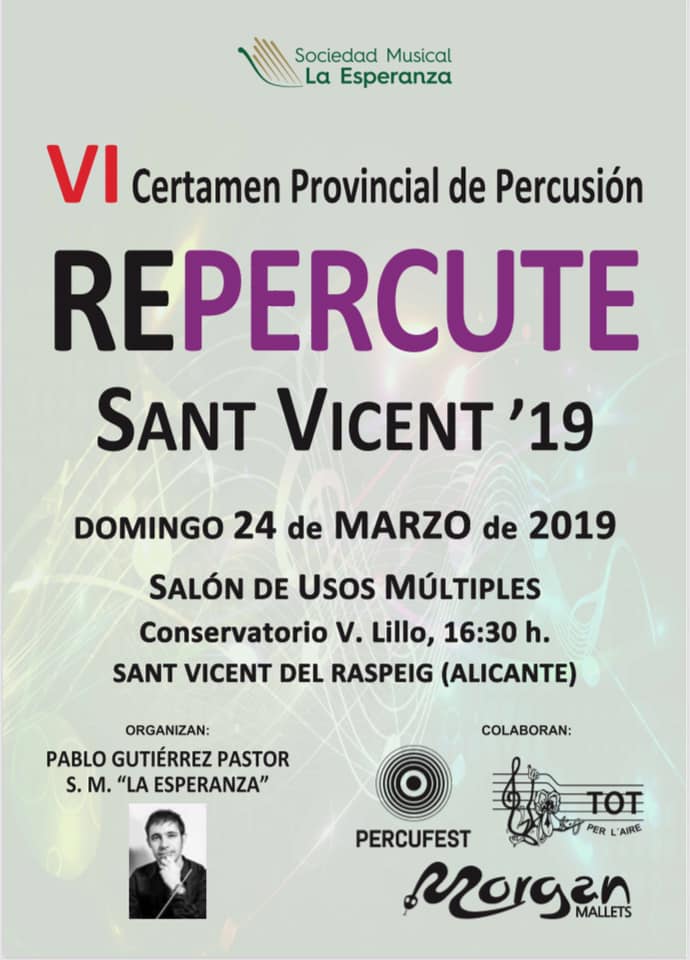 GutierrezPab10's tweet photo. Con muchísimas ganas de recibir un año más a los jóvenes percusionistas de la provincia de Alicante... REPERCUTE Sant Vicent! 🥁
📆DOMINGO, 16;30h
📍Conservatorio L. Cánovas
🆓Entrada libre, ¡no te lo pierdas!
#MorganMallets #TotPerLaire #Percufest
#Repercute #RepercuteSantVicent https://t.co/ZYKdoxvZx4
