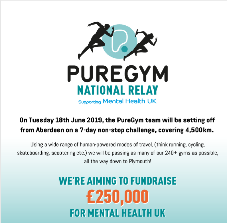 PureGym_CBank's tweet photo. @PureGym_GLGWCB are teaming up with @mentalhealthuk to help raise money by travelling across the UK only using human powered modes of transport. 

to help us raise money please donate to https://t.co/NP4wcaIrob

#puregym #mentalhealthuk #donate #ItsOkNotToBeOk https://t.co/kBXmHQVTcF