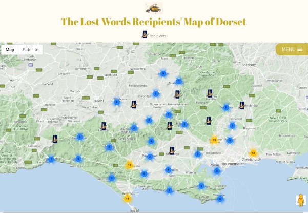 Map showing the schools, visitor centres, hospices and memory cafes in #Dorset where #TheLostWords have landed. Please help to do the same for schools in #Poole and #Bournemouth by supporting the appeal at crowdfunder.co.uk/the-lost-words…. Thank you.