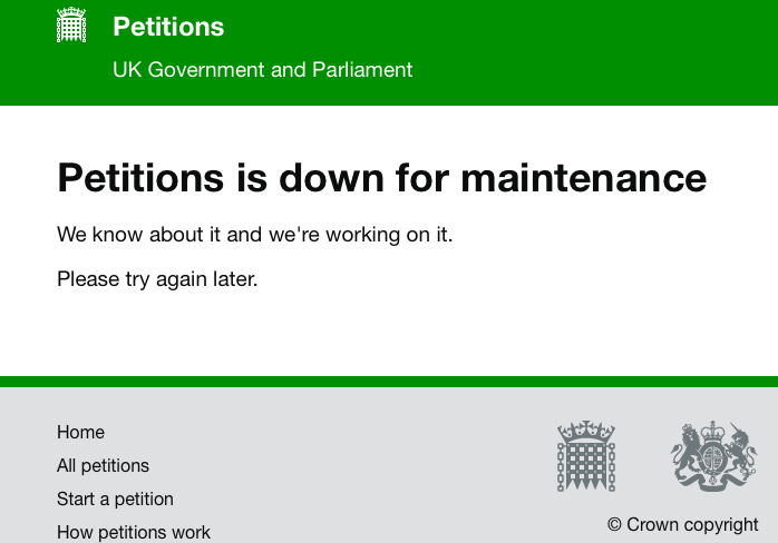 RALawUK's tweet photo. It appears that https://t.co/JjW3PcXVPZ keeps crashing due to the weight of numbers wanting to sign the Revoke Art 50! Apparently if you keep trying it will work. #Brexit999 #WillOfThePeople https://t.co/9phcHEhliY