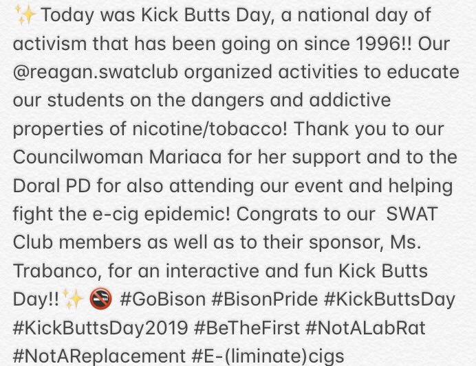 BisonofDoral's tweet photo. π #KickButtsDay #KickButtsDay2019 #E-(liminate)cigs #NotALabRat #NotAReplacement #BeTheFirst #ReaganSWAT #BisonSWAT https://t.co/r2PhYuv2Lf