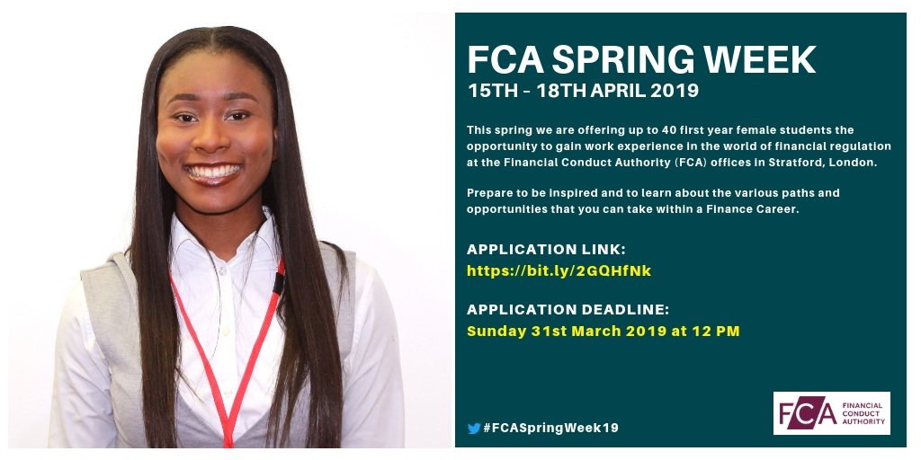 GreatDebateTour's tweet photo. Limited places remaining! We are calling all 1st Year female undergraduates who are interested in finance/financial services to sign up to the Financial Conduct Authority's (FCA) Spring Week. Don't delay; apply today! @TheFCA  https://t.co/RgCoIZiX8P https://t.co/NRncagQJPX